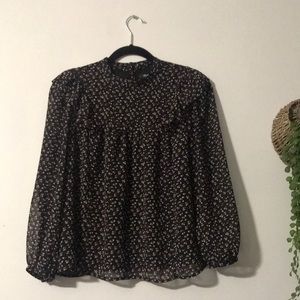 Georgette Mockneck Ruffle-Yoke Puff-Sleeve Top